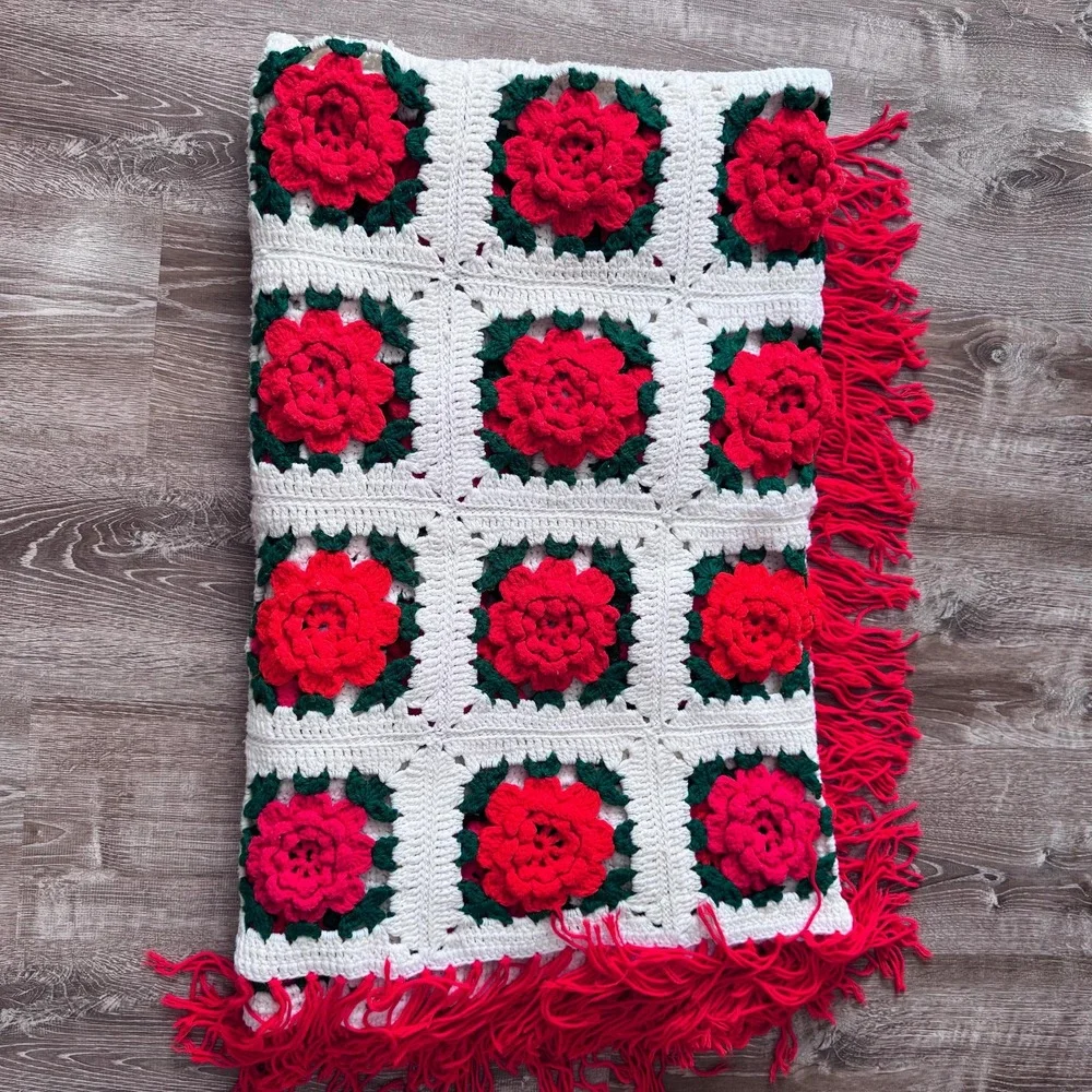 Red Rose Granny Square Chrochet Blanket-‎ Handmade Afghan Throw, Vintage 1970's